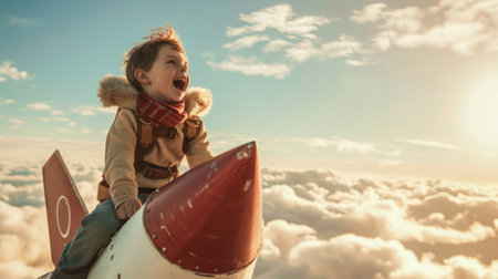 The side view of the picture that has the child flying into the bright sky with the flying object that has been called the rocket yet the size of a rocket so small but it size same with child. AIGX03.の素材