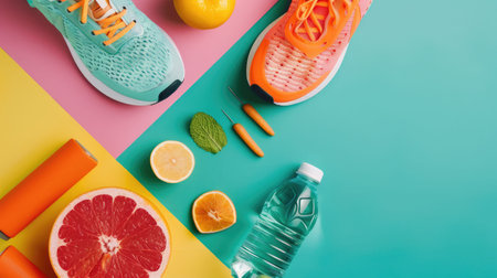 A variety of colorful fruits and vegetables are displayed on the azure table. These products are vibrant and fresh ingredients for delicious cuisine AIG50の素材