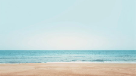 A serene landscape featuring a coastal beach with crystal clear water, waves gently rolling in under a sunny sky dotted with fluffy clouds, creating a picturesque horizon AIG50の素材