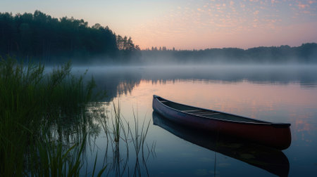 A single canoe rests on the calm waters of a misty lake reflecting the golden sunrise and the surrounding forest. Resplendent.の素材