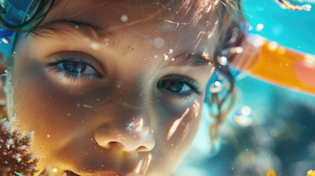 A young girl with diving equipment and a mask is exploring the underwater environment, swimming in the ocean to observe marine organisms and practice underwater diving AIG50の素材