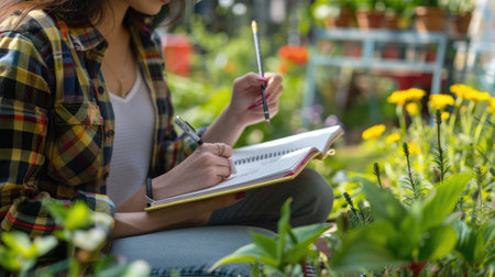 A woman is relaxing in a natural landscape garden surrounded by plants and grass, leisurely writing in a notebook while enjoying the peaceful landscape AIG50の素材