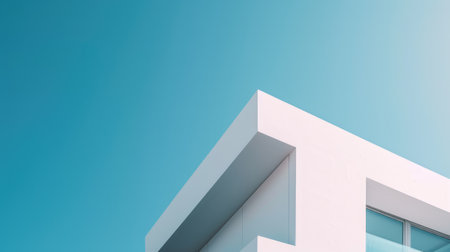 Photo of minimalistic geometric architectural building structure with white color and blue sky. Image of modern house with white color in square design with blue clear sky. Modern home concept. AIG42.の素材