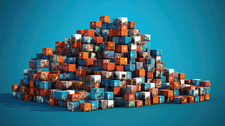 Stack of colorful shipping containers. Shipping contain was gathering at blue background. Global trade and logistics concept. Design for transportation, import-export, cargo services themes. AIG35.の素材