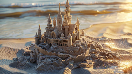 A magnificent sand castle stands tall on the beach, surrounded by the breathtaking natural landscape of the sunset sky, water, and plant life AIG50の素材