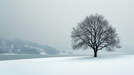 The picture of the single tree that has been covered with white snow in the middle of the empty snow land in the winter season and light from the sun can make everything bright clear on land. AIGX03.の素材