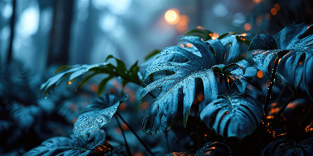 The picture of nature that focused to the blue leaf from tree in the forrest that stay on ground and got illuminated with the bright light of sunlight in the summer or spring time of the year. AIGX03.の素材