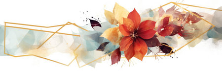 Abstract geometric watercolor banner with dynamic shapes and splatters. Red flower and leaves line arrangement or composition with white background. Modern art concept for creative design. AIG35.の素材