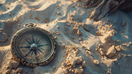 An automotive tire rests on a bed of soil, surrounded by a circle of wood and metal. A compass lies on top, set against a landscape of electric blue water and art AIG50の素材