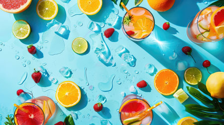 Aqua art transforms a swimming pool into a vibrant oasis filled with floating fruits and leaves, creating a mesmerizing display of color and nature AIG50の素材