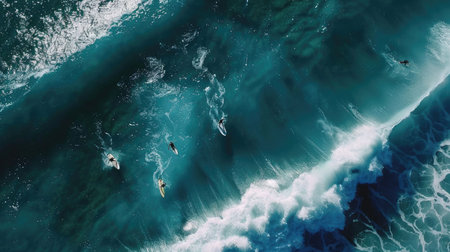 A group of surfers are gliding on an azure wave in the electric blue ocean, surrounded by liquid beauty of the natural landscape AIG50の素材