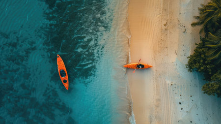 A serene aerial view of a wooden kayak floating in the clear waters near a sandy beach, with lush green trees creating a beautiful natural landscape AIG50の素材
