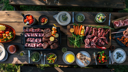 A rectangular wooden table adorned with plates of natural foods and a grill. The setting is perfect for a plantbased cuisine event, where guests can enjoy art, games, and fresh fruit AIG50の素材