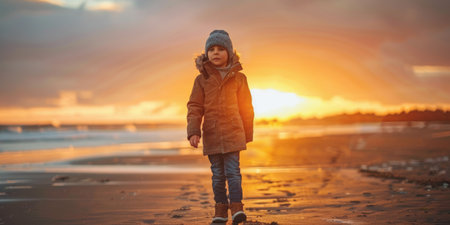 Little boy walking on the beach at sunset AIG51A.の素材