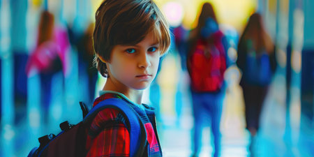 A young boy with a sad expression on his face is standing in a school hallway. AIG51A.の素材