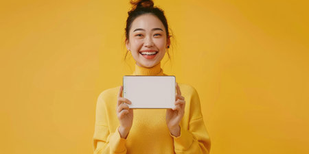 An attractive young Asian woman in a yellow turtleneck sweater holding a blank sign with a happy smiling expression on her face. AIG51A.の素材