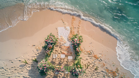 An aerial view of a beach wedding ceremony with chairs and flowers overlooking the water, surrounded by nature and plantfilled landscape AIG50の素材