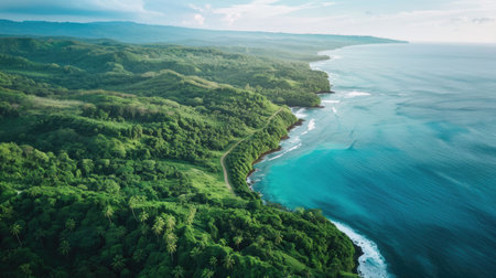 A breathtaking aerial view of a cliff above the ocean with stunning natural landscape, water merging with the sky, and terrestrial plants lining the beach AIG50の素材