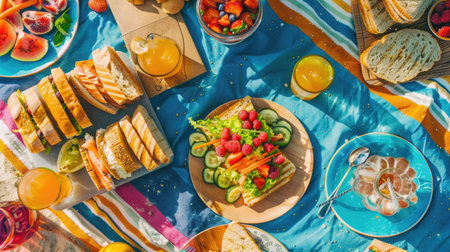 An electric blue picnic table adorned with plates of food and drinks, creating a visual art piece resembling a painted pattern drawing under a glass ceiling at a circle event AIG50の素材