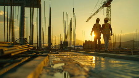 Two construction workers are walking on a building site at sunset. AIG51A.の素材
