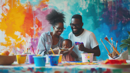 A happy family sharing a fun leisure event, sitting on the floor in front of a colorful wall, with smiles and laughter filling the room. AIG41の素材