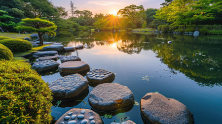 Path of circular stepping stones across a calm pond in a lush, serene zen garden at sunrise. Resplendent.の素材
