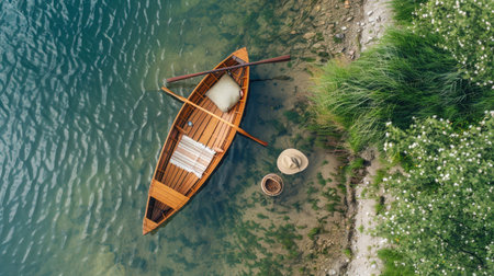 An aerial view of two boats peacefully floating on the serene lake surrounded by natural landscape with trees, grass, and other terrestrial plants AIG50の素材