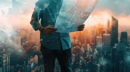 Professional civil engineer holding project plan with double exposure with building. Skilled architect and interior designer reading blueprint and standing while inspect with cityscape view. AIG42.の素材