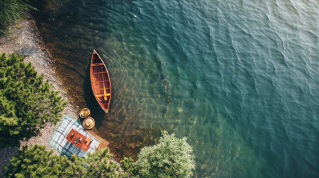 An aerial view of two boats peacefully floating on the serene lake surrounded by natural landscape with trees, grass, and other terrestrial plants AIG50の素材