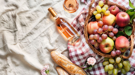 A picnic basket filled with natural foods like fruit and bread, placed on a checkered blanket for a relaxing outdoor meal AIG50の素材