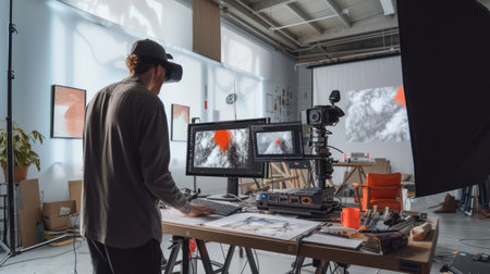 Professional artist or visitor looking and impressing digital art by using technology innovation at art studio. Smart graphic designer designing and creating art work. Modern artistic painting. AIG42.の素材