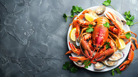 A dish of seafood featuring lobsters, shrimp, clams, and lemon slices presented on a table with exquisite tableware and garnished with leafy vegetables AIG50の素材