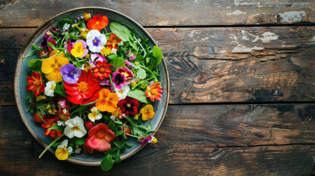 A colorful salad bowl decorated with edible flowers sits on a rustic wooden table, creating a beautiful and artistic display of natures bounty AIG50の素材