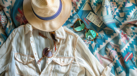 Aqua picnic blanket with a military camouflage hat, electric blue sunglasses, a book, and flowers on it AIG50の素材