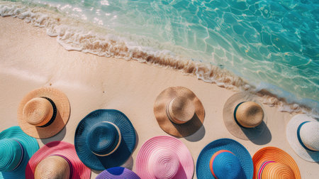 A stack of hats forming a circle pattern on the beach, resembling a fluid organism in an art installation. This unique recreation blends science and creativity in a liquidlike display AIG50の素材