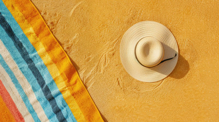 A wooden patterned hat lies next to a furry peachcolored towel on the beach, with a musical instrument tucked under the brim and a mask of a fictional character nearby AIG50の素材