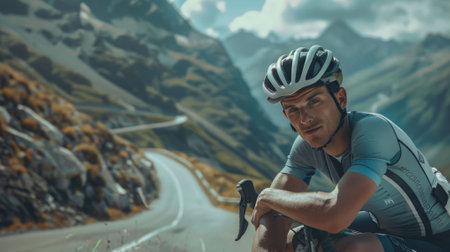 The picture of the professional cyclist with the bike on road near mountain, the professional cyclist require skill like, endurance, stamina, speed, agility, strength and nutrition management. AIG43.の素材