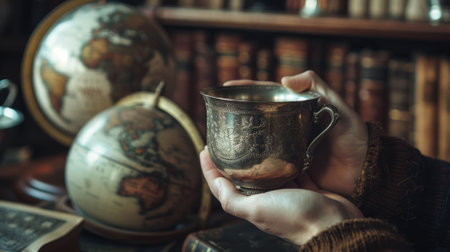 The close up picture of the person is holding the cup of the coffee by their own hand inside the library that has been filled with the multiple books with cozy environment and feel relaxation. AIG43.の素材