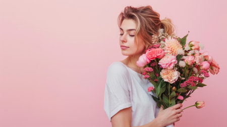 A beautiful woman in a white shirt is holding a bouquet of flowers. The background is pink. AIG51A.の素材