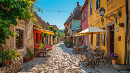 Quaint European street with colorful facades and cobblestones. A picturesque cobblestone street lined with colorful buildings and outdoor cafes in a quaint European town. Resplendent.の素材