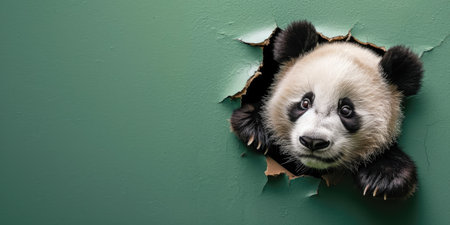 Close up view picture of the hollow green hole on the the wall that show the panda stay inside the wall that has been made from some material yet still can be break to look through other side. AIGX03.の素材