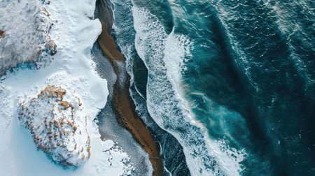 An aerial perspective of a frozen snowy cliff meeting the azure waters of the ocean, showcasing the beauty of this natural geological phenomenon AIG50の素材