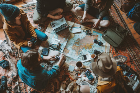 The picture of the group of the young or adult caucasian human focus and looking at a map of the world in a small room that has been filled with various object under bright sun in the daytime. AIGX03.の素材