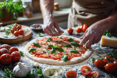 A chef is making a pizza. He is putting basil on the pizza. AIG51A.の素材