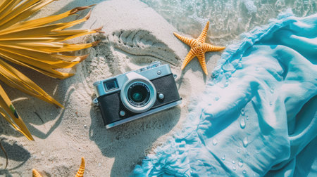 A camera is placed on a blanket at the beach, with the camera lens pointing towards the sea. It appears to be a digital camera, possibly a pointandshoot or mirrorless interchangeablelens camera AIG50の素材