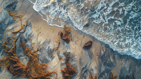 A breathtaking aerial view of waves crashing on a sandy beach, creating a beautiful water and rock landscape art in the world AIG50の素材
