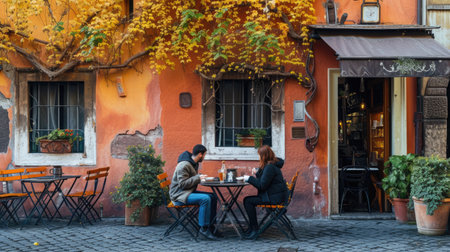 Couple of tourist spending time together while sitting at outside of restaurant decorated with orange brick wall as background. Cute lover talking to each other and enjoy eating in lunch time. AIG42.の素材