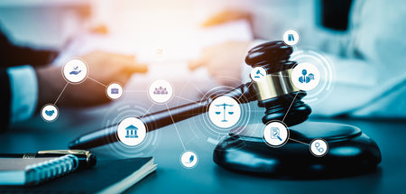 Smart law, legal advice icons and lawyer working tools in the lawyers office showing concept of...