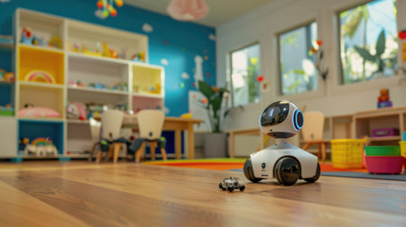 The picture of the robot is standing alone inside the room that has been filled with toy for children, the childcare require skill like Patience, Communication, Creativity and safety awareness. AIG43.の写真素材