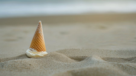 A cone of ice cream protrudes from the sandy landscape on the beach, surrounded by water and wind waves, creating a picturesque horizon AIG50の素材